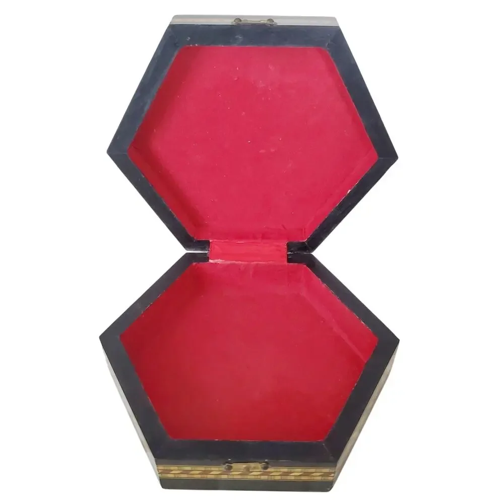 Vintage Spanish Marquetry Trinket Box| Hexagon Jewelry Inlaid Wood Taracea